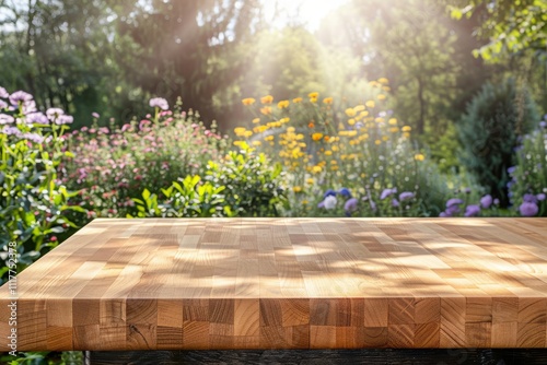 Selective focus.End grain wood counter top with cutting board on blur greeny flower garden in morning with nature light. MZ