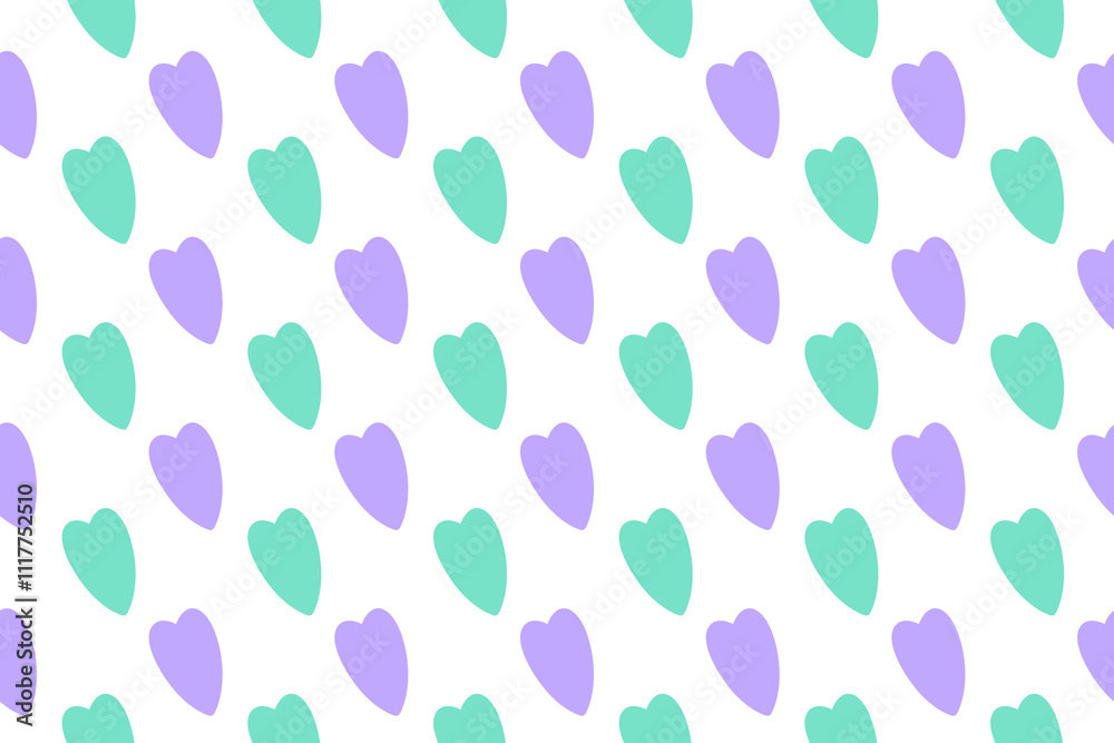 Repeating pattern of purple and green hearts on a white background, ideal for romantic or playful designs.
