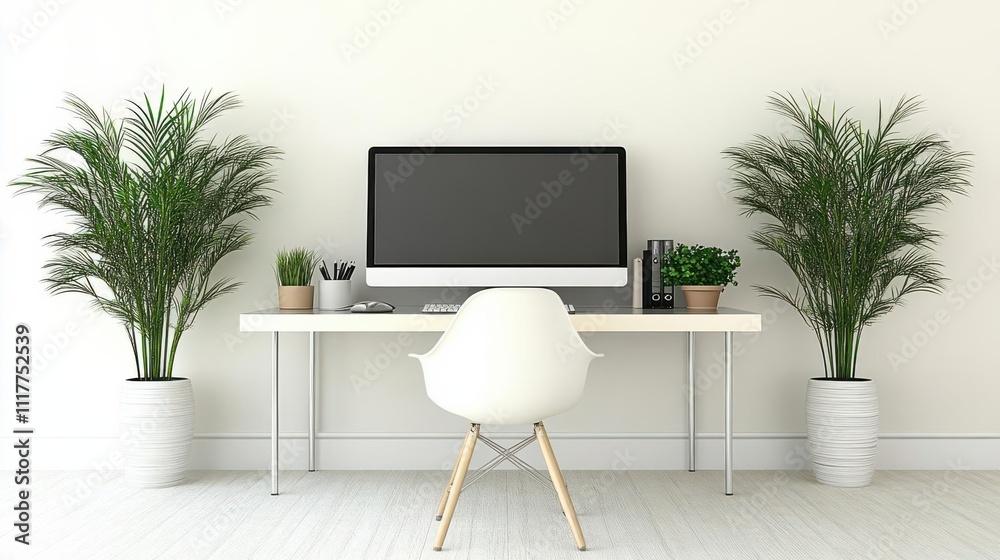 A modern workspace featuring a desk, computer, and plants for a productive environment.