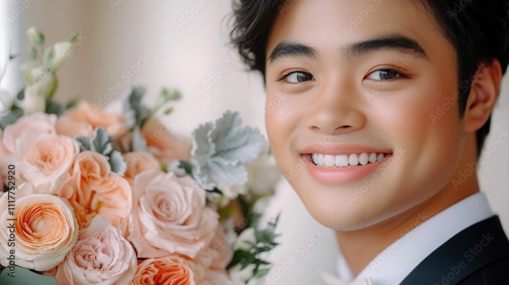 smiling bride holding a bouquet of pastel flowers, standing against a light background smiling bride holding a bouquet of pastel flowers, standing against a light background