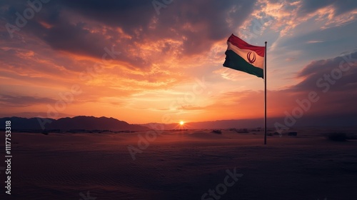 The Oman flag blended beautifully into a picturesque sunset over the desert, symbolizing peace and tranquility,