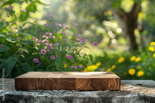 Selective focus.End grain wood counter top with cutting board on blur greeny flower garden in morning with nature light. MZ