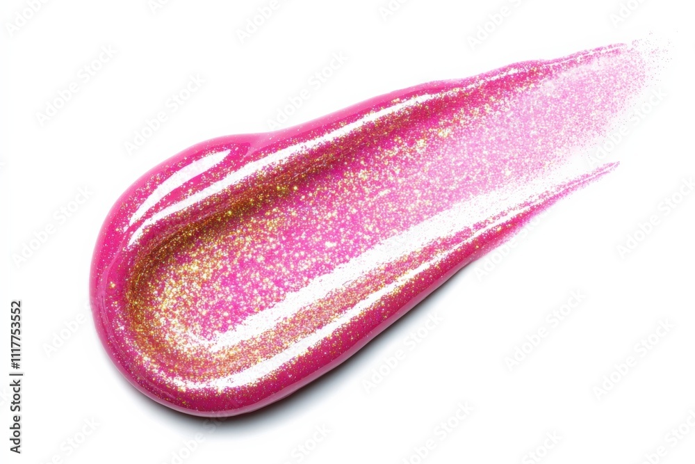 Fototapeta premium Pink lip gloss stroke, metallic gold shimmer, liquid texture, vibrant color, shine, isolated on white background. Ads, banners, swatches, smudges, creamy cosmetics, luxurious makeup, vibrant polish.