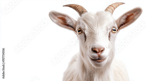 Close-up of a white goat with light brown horns and alert eyes against a clean white background, showcasing its curious expression.