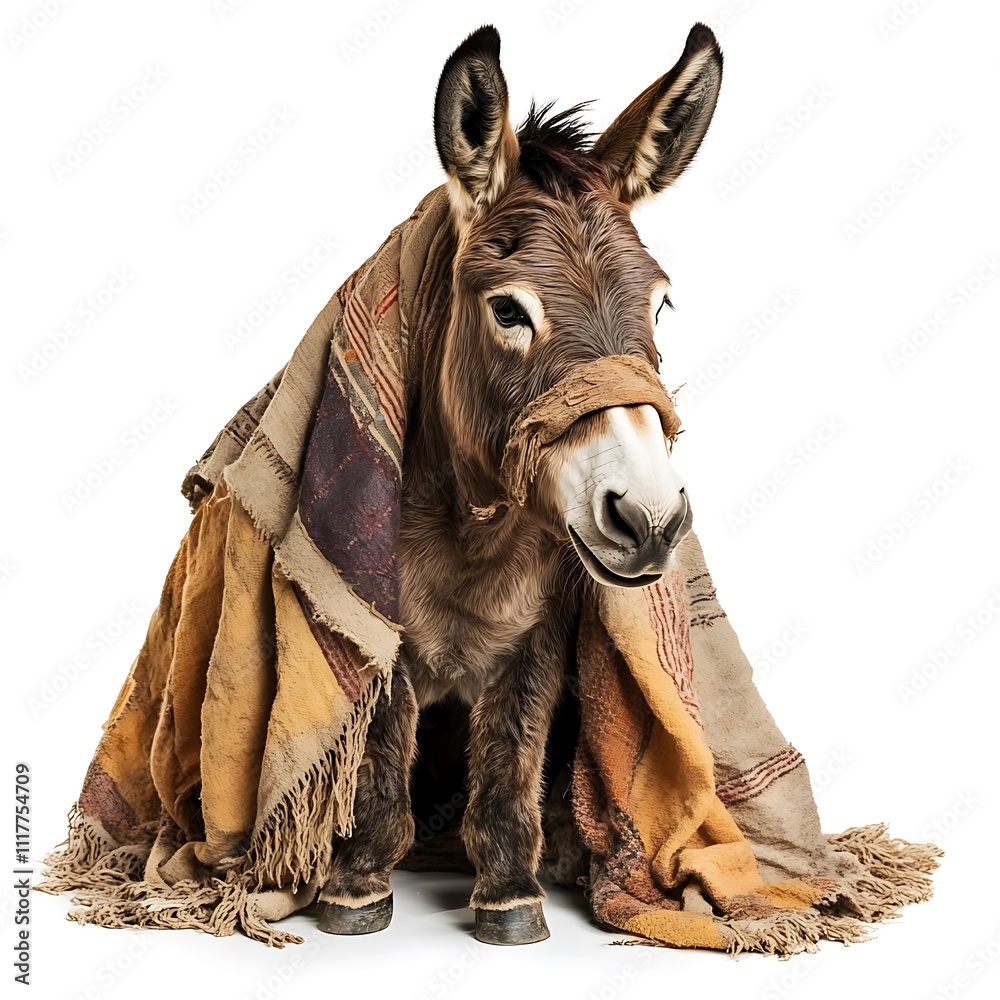 Fototapeta premium Nativity donkey with a blanket on a white background.