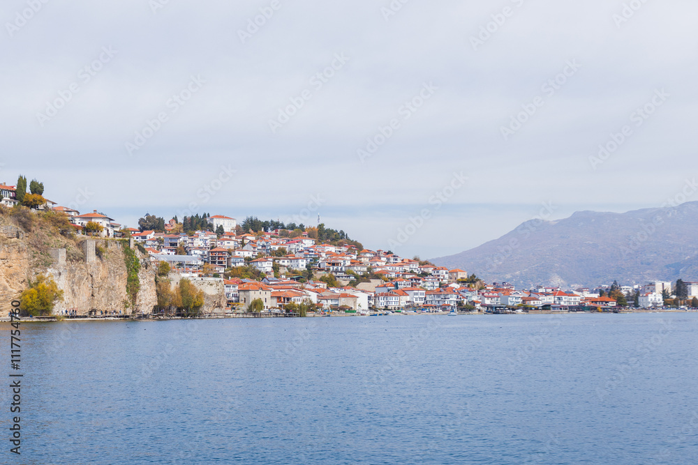 Panoramic View of Ohrid Lake and Town Under a Stunning Blue Sky