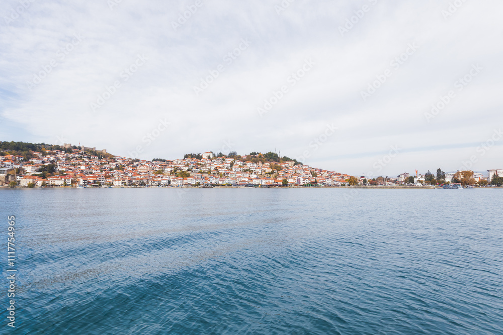 Panoramic View of Ohrid Lake and Town Under a Stunning Blue Sky Panoramic View of Ohrid Lake and Town Under a Stunning Blue Sky