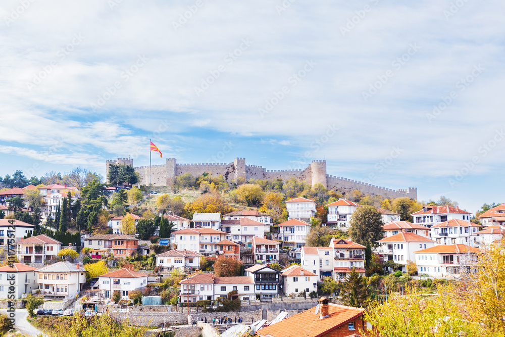 Fototapeta premium Majestic view of Samoil's Fortress, a historic fortification overlooking the picturesque town of Ohrid, North Macedonia.