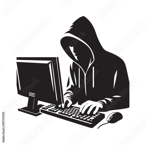 Computer hacker with laptop silhouette vector illustration