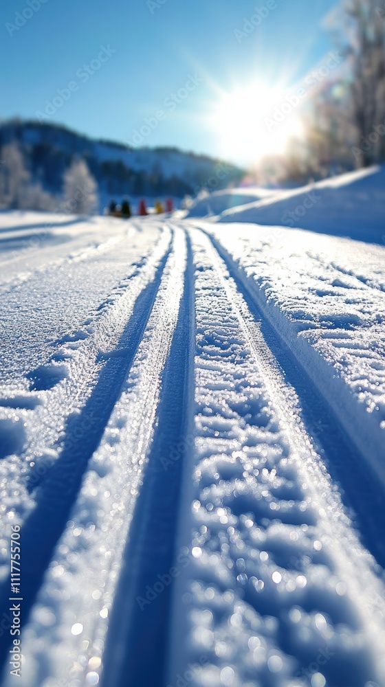Sled tracks on shimmering snowy slope with sunlight shadows Sled tracks on shimmering snowy slope with sunlight shadows