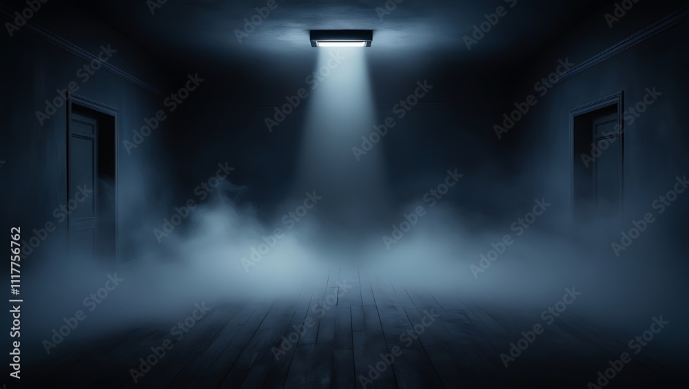 A haunted house hallway filled with fog, flickering lights, and portraits that seem to follow you with their glowing eyes A haunted house hallway filled with fog, flickering lights, and portraits that seem to follow you with their glowing eyes