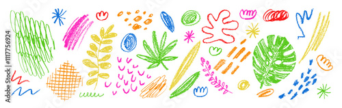 Childish summer vector charcoal scribble sketches. Vector hand-drawn set. Chalk textured tropical jungle doodle shapes. Pastel smears, scrawls, scratches, dots. Kids crayon textures, white background