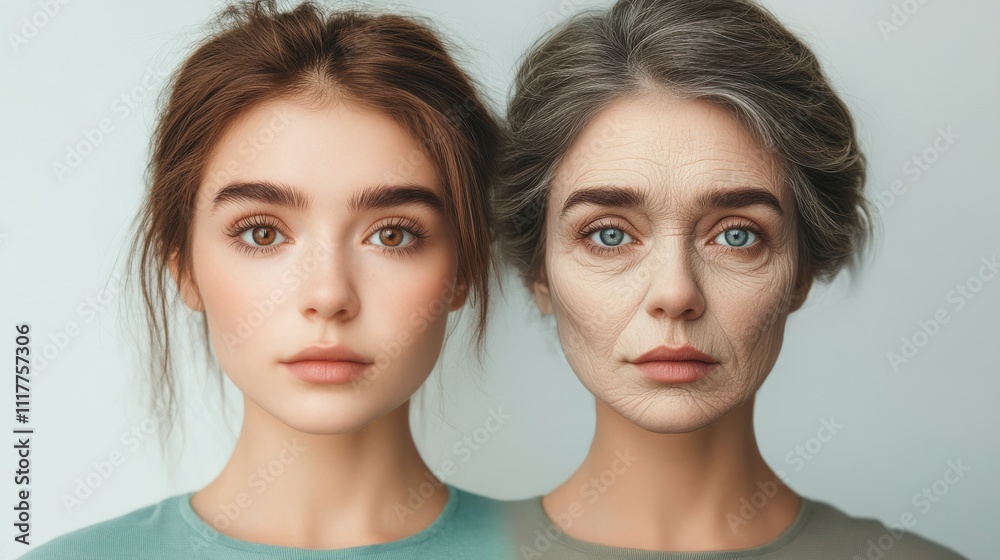 A face split in half, contrasting the smooth skin of youth with the wrinkles of aging, symbolizing time and life changes.. A face split in half, contrasting the smooth skin of youth with the wrinkles of aging, symbolizing time and life changes..