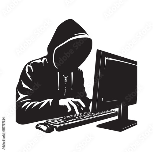 Computer hacker with laptop silhouette vector illustration