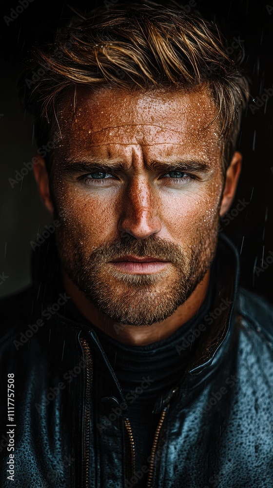 A rugged man gazes intensely, with water droplets glistening on his face. He wears a dark jacket, set against a muted background that enhances the mood A rugged man gazes intensely, with water droplets glistening on his face. He wears a dark jacket, set against a muted background that enhances the mood