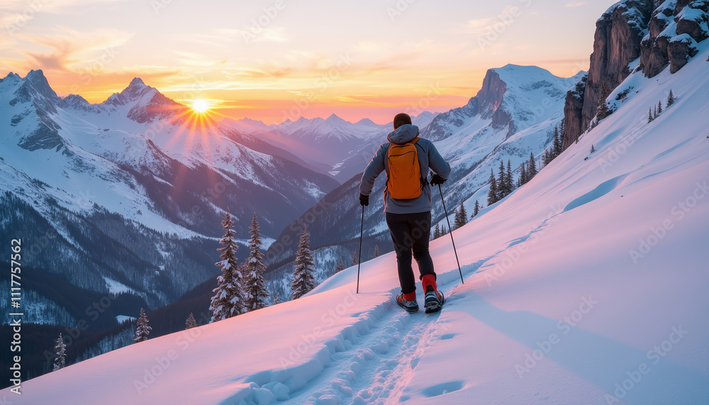 Hiker snowshoeing at sunset on a snowy mountain trail, representing winter snowshoeing trips Hiker snowshoeing at sunset on a snowy mountain trail, representing winter snowshoeing trips