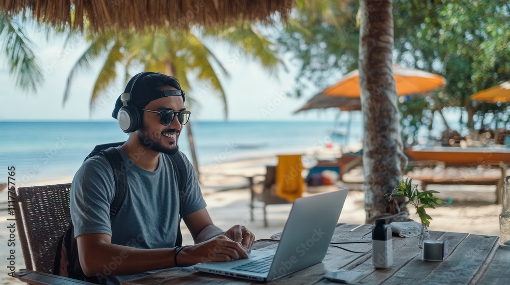 Happy young digital nomads designing remote work setups for productivity Happy young digital nomads designing remote work setups for productivity