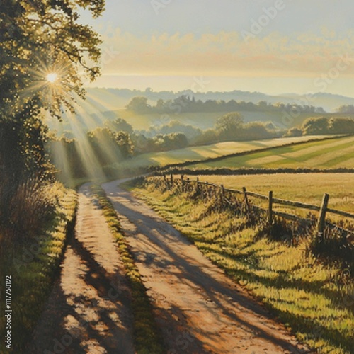 The morning sun casts a warm and soft light over the surrounding scenery.