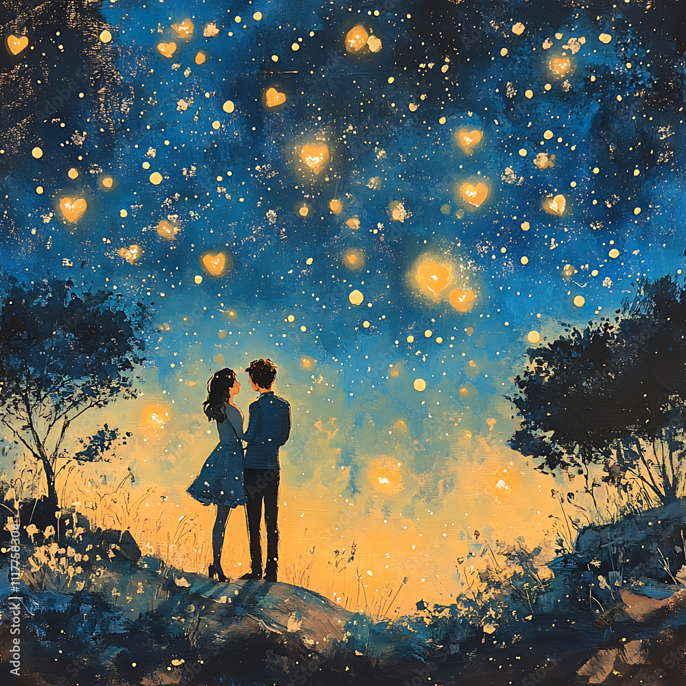 Fototapeta premium A Heartfelt Valentine's Moment: A Romantic Couple Under a Starry Sky with Floating Hearts Capturing the Essence of Love and Connection