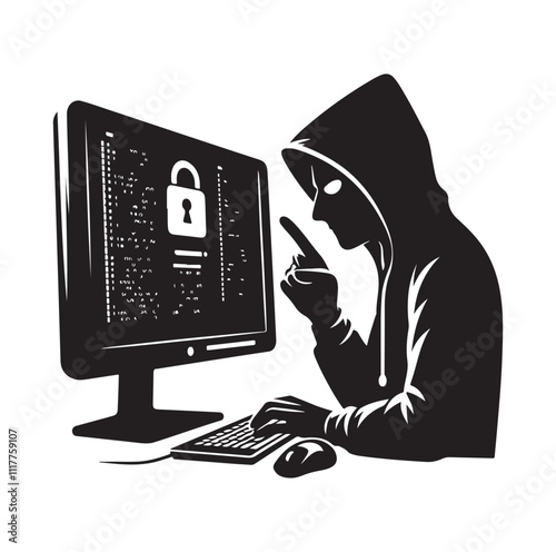 Computer hacker with laptop silhouette vector illustration