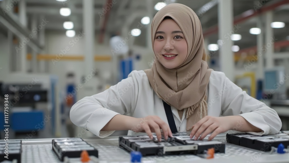 Confident Muslim Female Engineer Inspecting Components in a Modern Factory Confident Muslim Female Engineer Inspecting Components in a Modern Factory