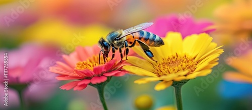 A bee pollinating a yellow flower with a red flower in the background.