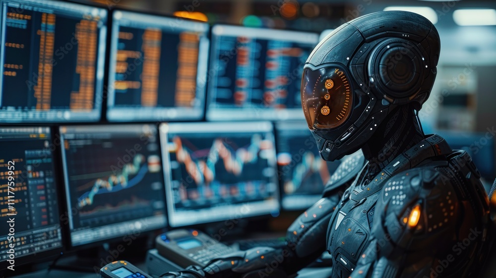 Alien businessman analyzing stock market trends on multiple monitors. Alien businessman analyzing stock market trends on multiple monitors.