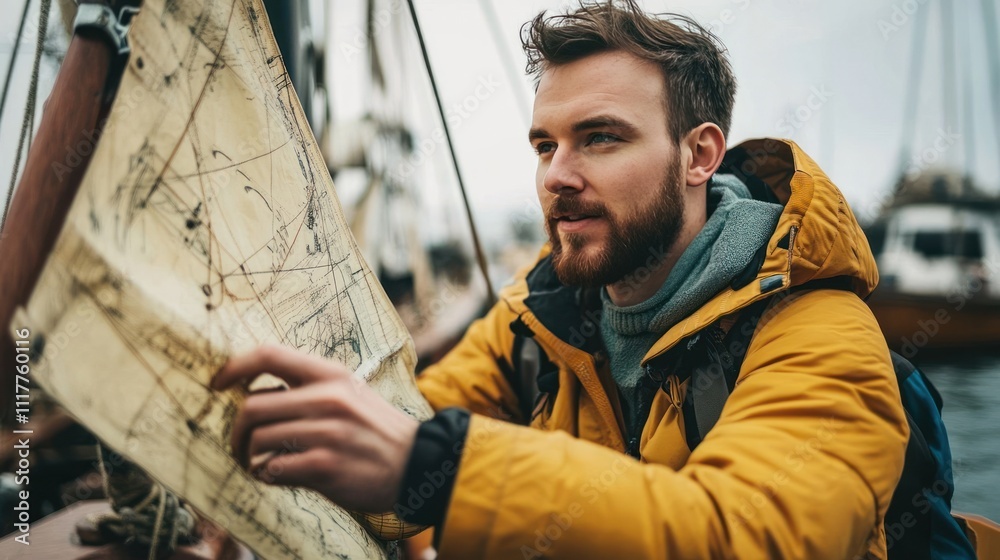 Obraz premium Man learning sailing boat techniques for maritime explorations