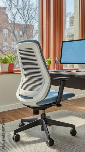 A modern office setup featuring an ergonomic chair and a computer on a desk by a window.