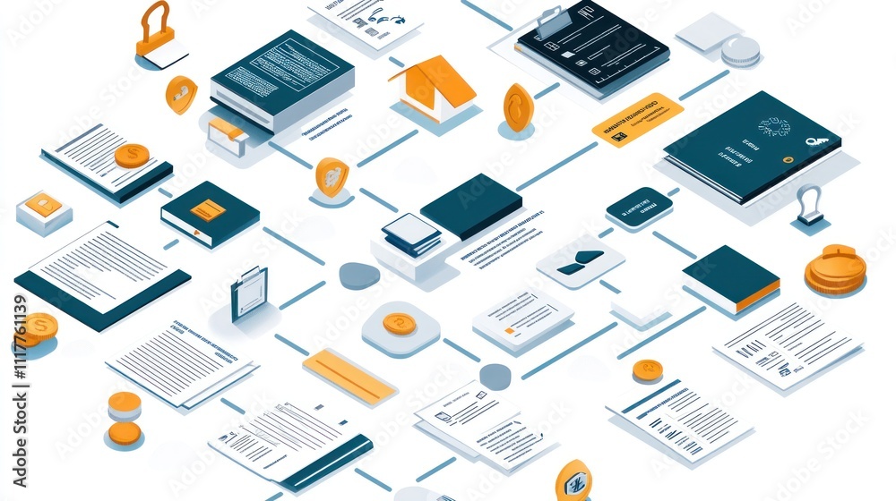 Isometric illustration of a complex network of interconnected documents, coins, and other business-related objects. Isometric illustration of a complex network of interconnected documents, coins, and other business-related objects.