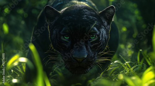 Panther stalking prey in lush jungle wildlife photography natural habitat close-up perspective photo