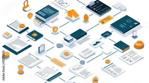 Isometric illustration of a complex network of interconnected documents, coins, and other business-related objects.