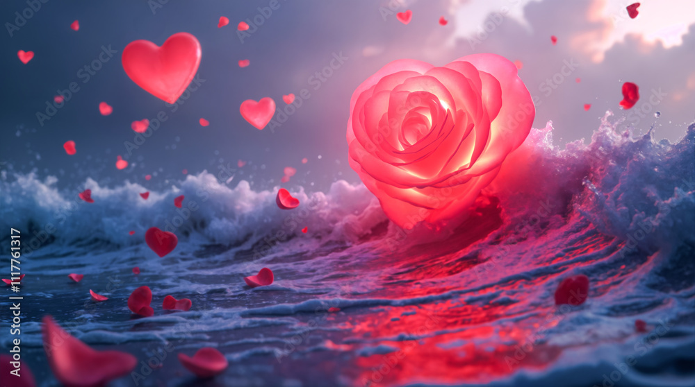 Glowing rose emerging from ocean waves with floating hearts, valentine's day concept Glowing rose emerging from ocean waves with floating hearts, valentine's day concept