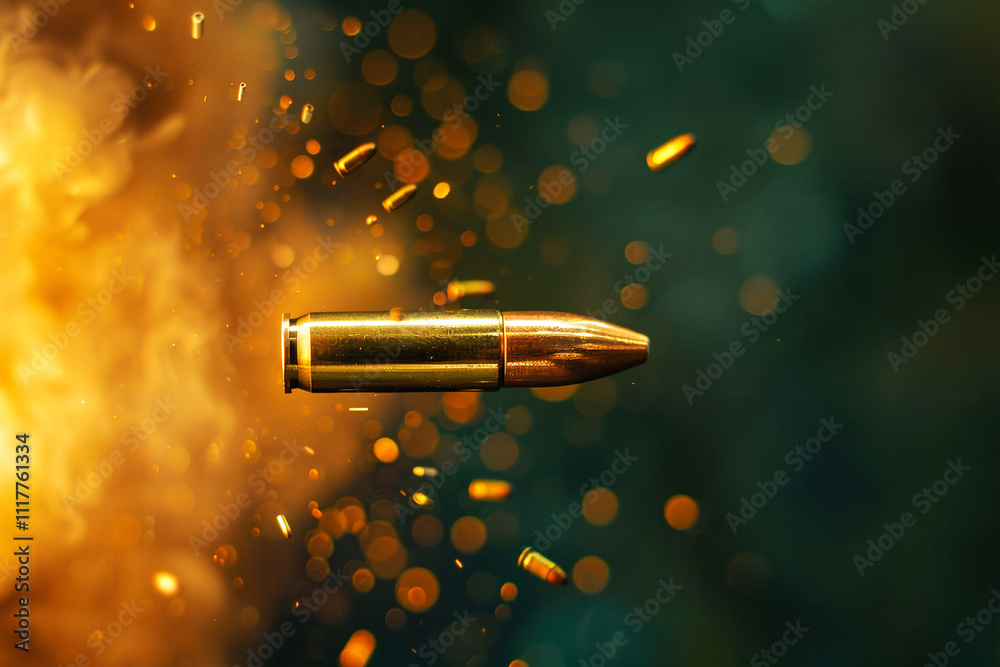 A high-speed bullet in motion with fiery particles, symbolizing energy, power, and explosive force. A high-speed bullet in motion with fiery particles, symbolizing energy, power, and explosive force.