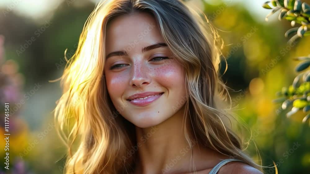 Sun-Kissed Smile: A close-up portrait of a young woman with golden hair, her face bathed in soft sunlight, her eyes sparkling with joy and her lips curved in a genuine, radiant smile. Sun-Kissed Smile: A close-up portrait of a young woman with golden hair, her face bathed in soft sunlight, her eyes sparkling with joy and her lips curved in a genuine, radiant smile.