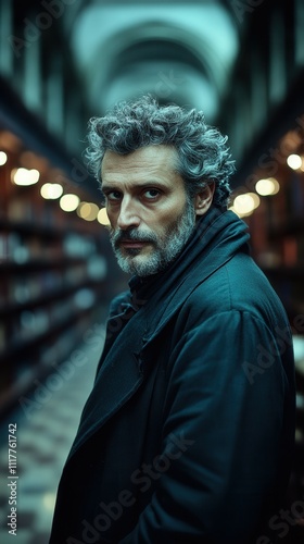 A man with curly hair and a beard looks over his shoulder in a vintage library filled with books. Soft, warm lights illuminate the space, creating an intriguing atmosphere