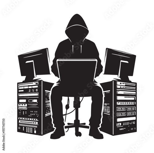 Computer hacker with laptop silhouette vector illustration