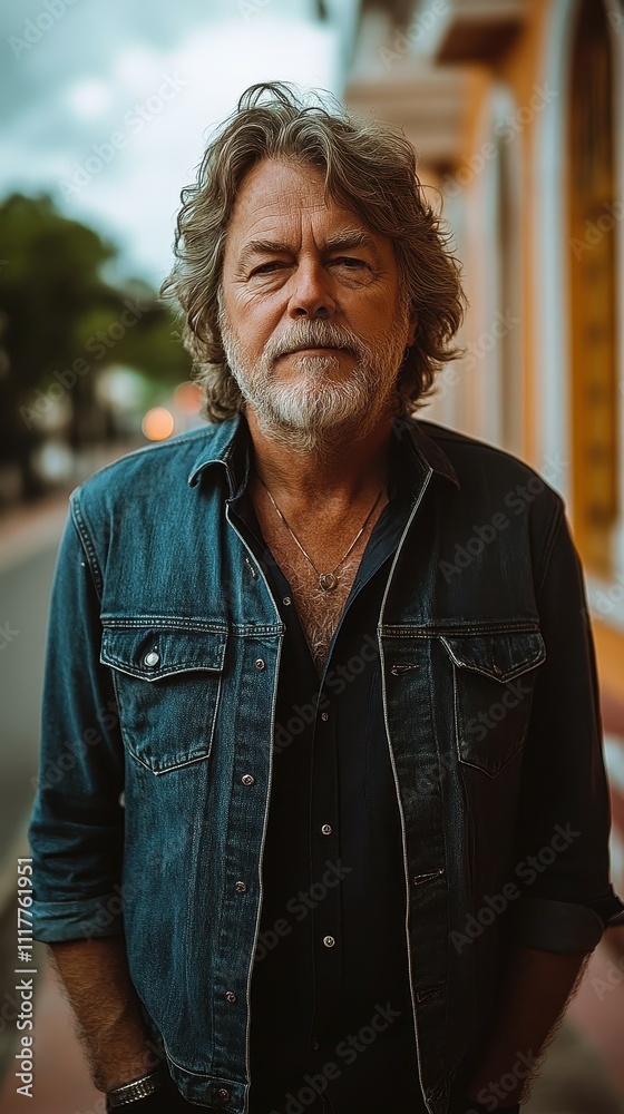 A man with long gray hair and a beard stands confidently on a vibrant street as warm light casts a golden hue. The background features blurred trees and architecture A man with long gray hair and a beard stands confidently on a vibrant street as warm light casts a golden hue. The background features blurred trees and architecture