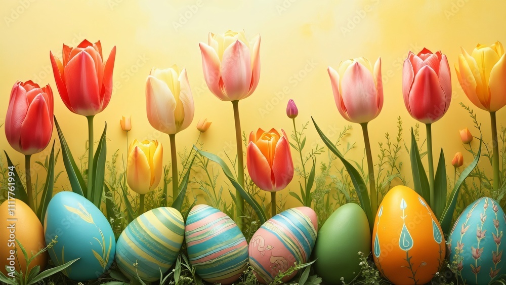 Vibrant Multicolored Tulips & Hand-Painted Easter Eggs, A Sun-Drenched Spring Morning Tapestry Vibrant Multicolored Tulips & Hand-Painted Easter Eggs, A Sun-Drenched Spring Morning Tapestry