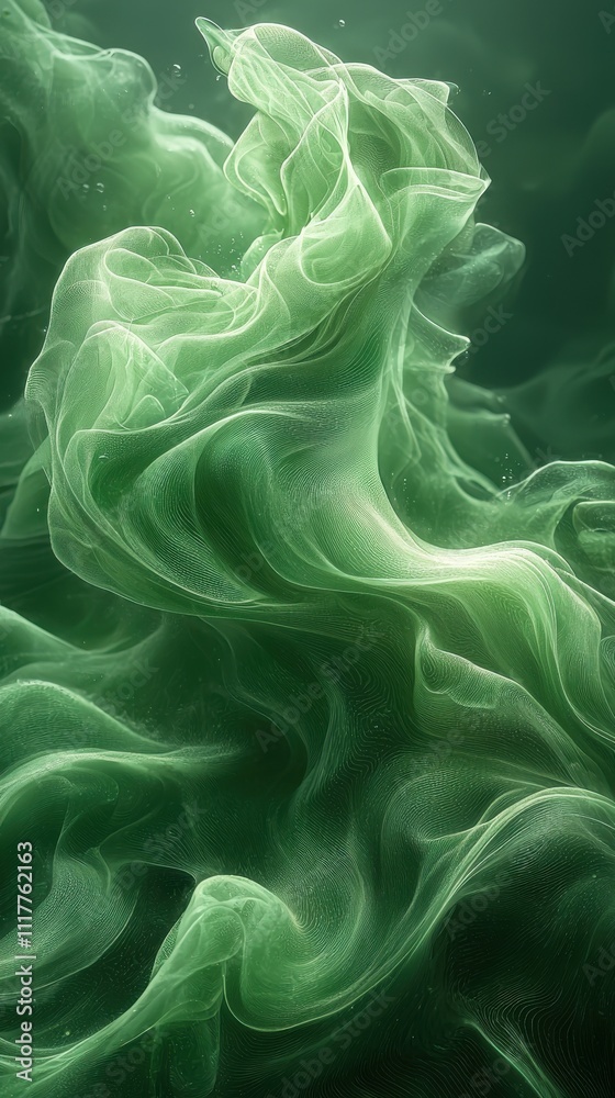 Ethereal green fabric flowing gracefully in water creates a serene underwater scene Ethereal green fabric flowing gracefully in water creates a serene underwater scene