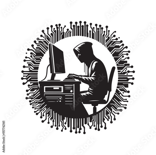 Computer hacker with laptop silhouette vector illustration