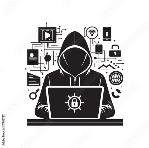 Computer hacker with laptop silhouette vector illustration