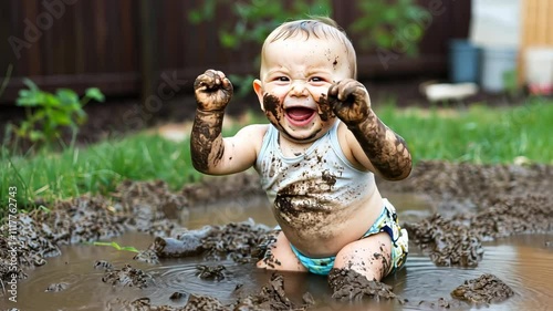 A kid joyfully experiencing an adventure in the mud, Sitting enchanted in a Large puddle, immersed in games and research on a lush green field. A child is playing in the mud.