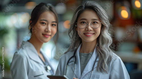 Older Asia GP explains treatment plan, showing check up health test results on digital tablet to young female patient at her visit in clinic, smile, receive professional medical services at hospital.