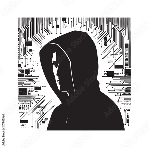 Computer hacker with laptop silhouette vector illustration