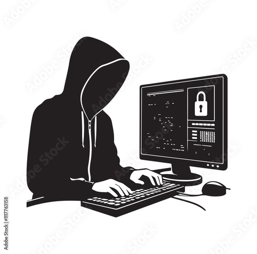 Computer hacker with laptop silhouette vector illustration