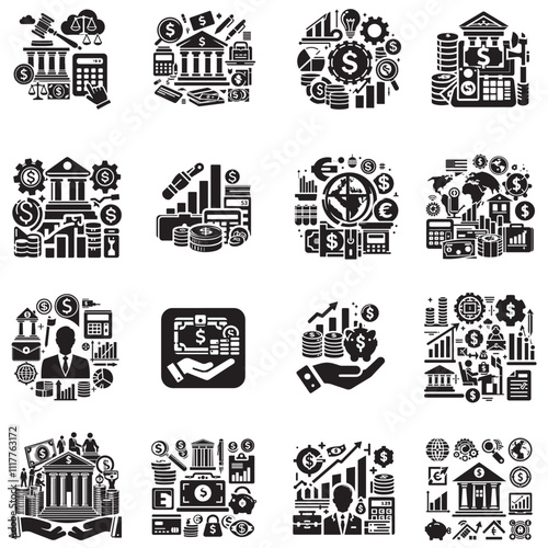 Finance icon set vector illustration—profit, Bank, Losses, Money, Coins, Earnings, Wallet, Finance Icons.