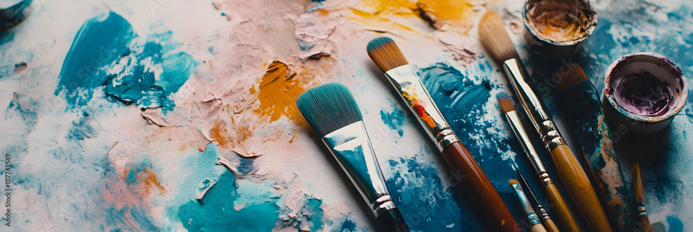 Fototapeta premium Close-up of paintbrushes and colorful paint splatters