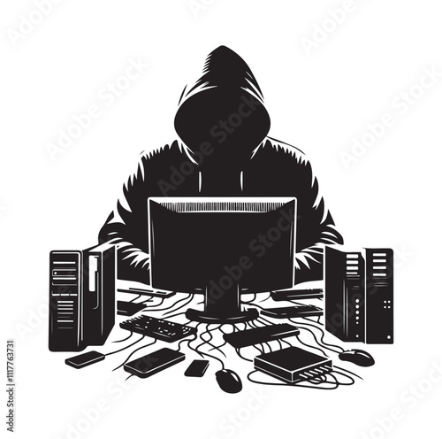 Computer hacker with laptop silhouette vector illustration