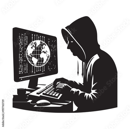 Computer hacker with laptop silhouette vector illustration